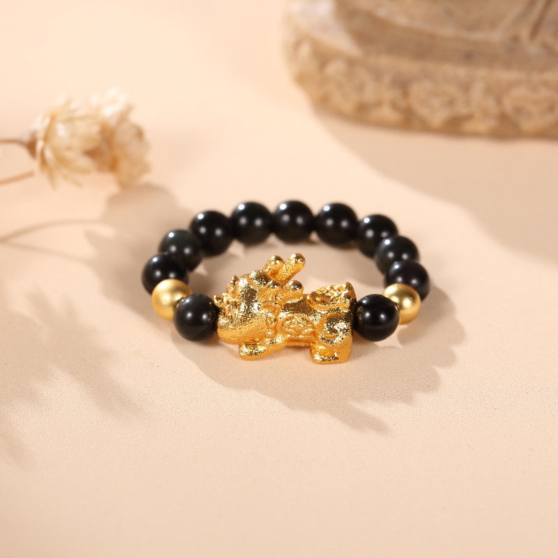 Pixiu Black Obsidian Wealth Ring - Buddha & Karma