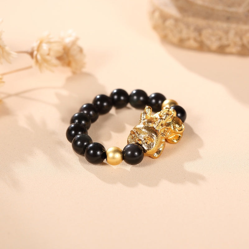 Pixiu Black Obsidian Wealth Ring - Buddha & Karma
