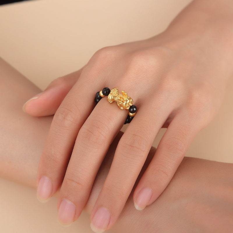 Pixiu Black Obsidian Wealth Ring - Buddha & Karma