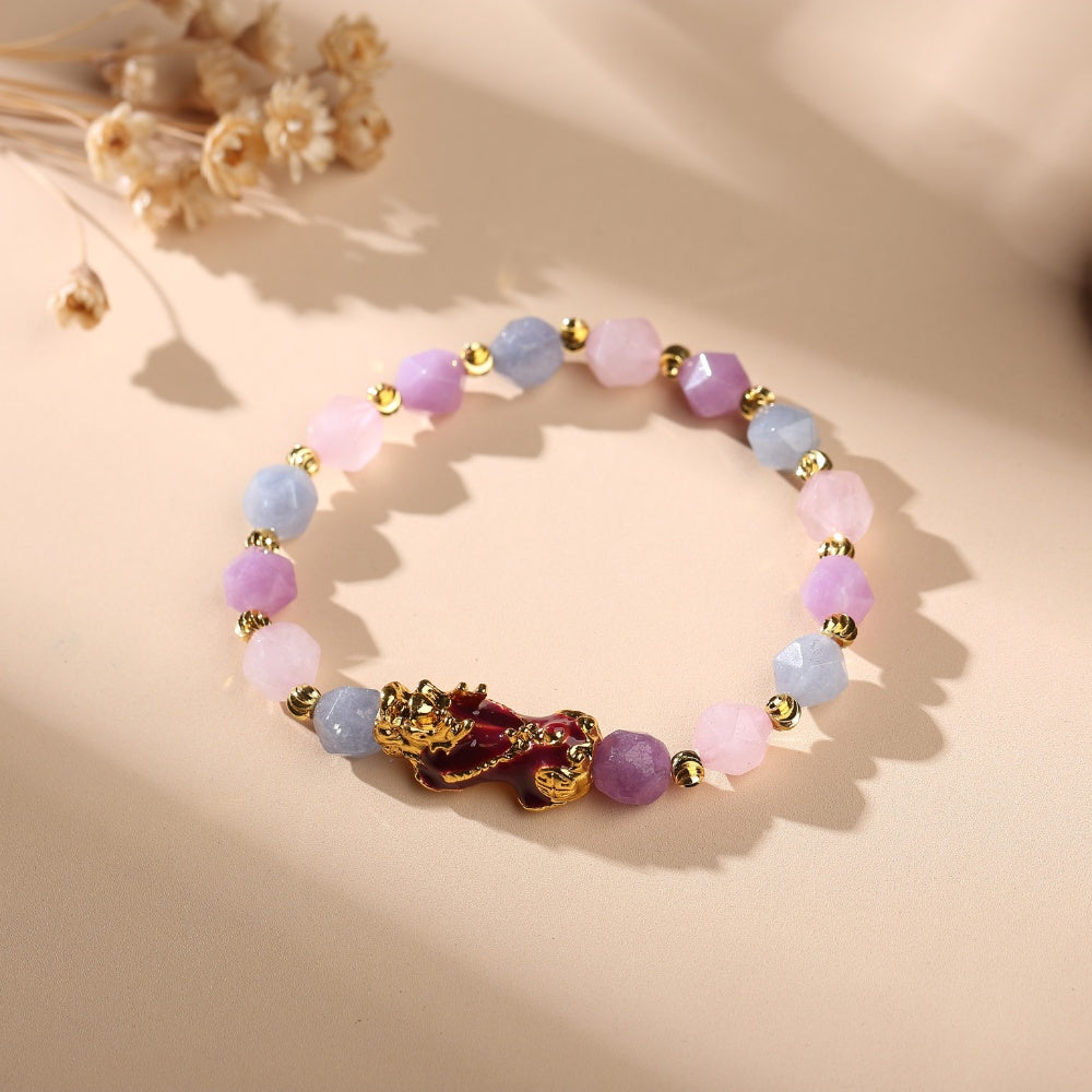 The Prosperity Bracelet - Amethyst, Aquamarine, Rose Quartz Pixiu - Buddha & Karma