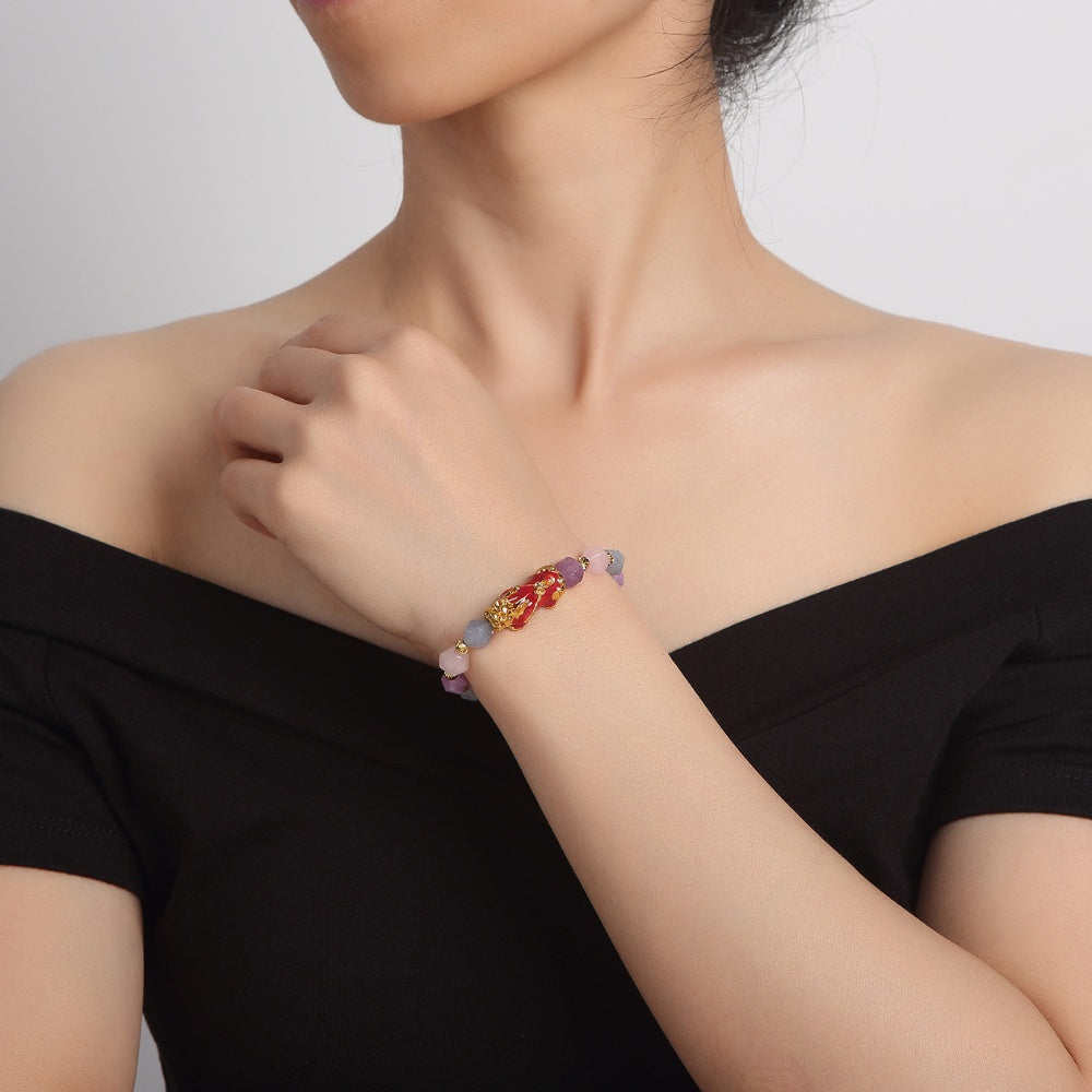 The Prosperity Bracelet - Amethyst, Aquamarine, Rose Quartz Pixiu - Buddha & Karma