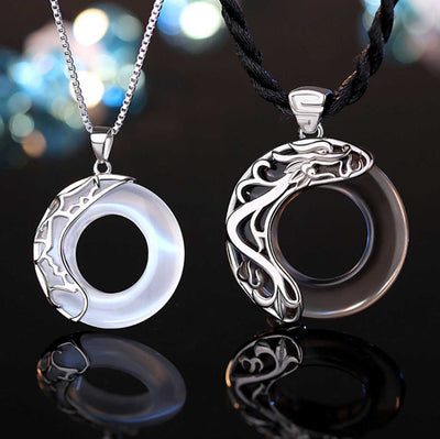 Dragon & Phoenix Couple Necklace - Obsidian & Opal Pendants for Protection - Buddha & Karma