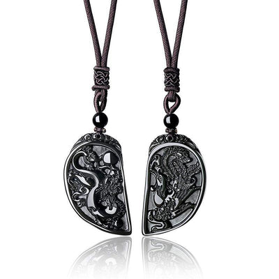 Half Heart Necklace for Couples - Obsidian Dragon and Phoenix Pendant Set - Buddha & Karma