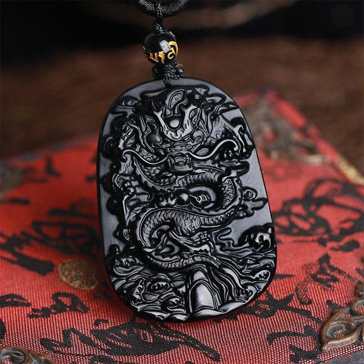 Natural Black Obsidian Dragon Protection Necklace - Buddha & Karma