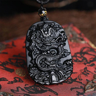 Natural Black Obsidian Dragon Necklace - Protection, Luck, Success - Buddha & Karma