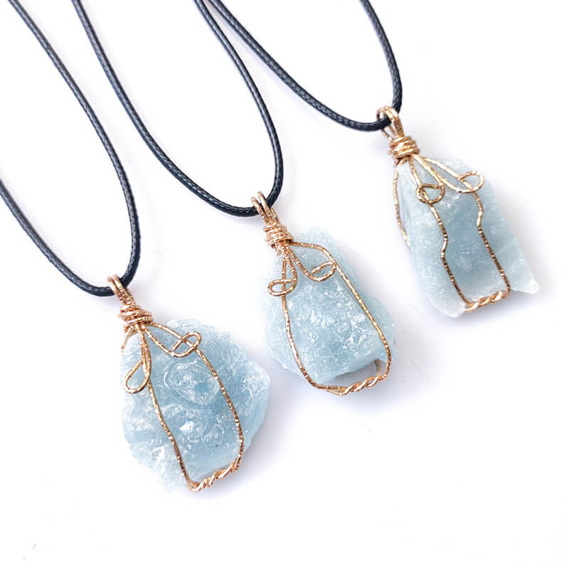 Raw Aquamarine Stone Pendant Necklace - Buddha & Karma