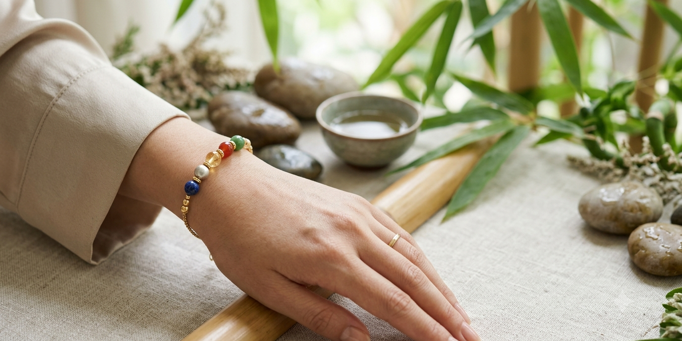 Person wearing a Five Elements Bracelet inspired by Feng Shui symbolism