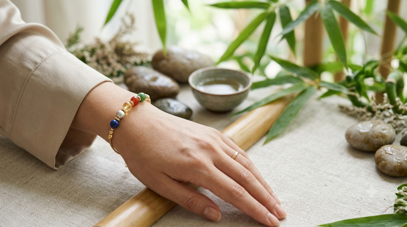Person wearing a Five Elements Bracelet inspired by Feng Shui symbolism