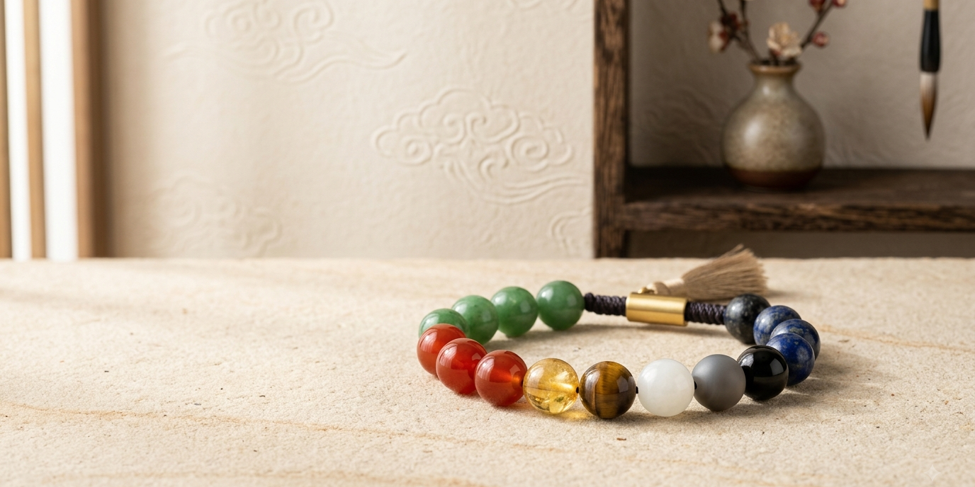 Five Elements Bracelet representing Wood Fire Earth Metal and Water