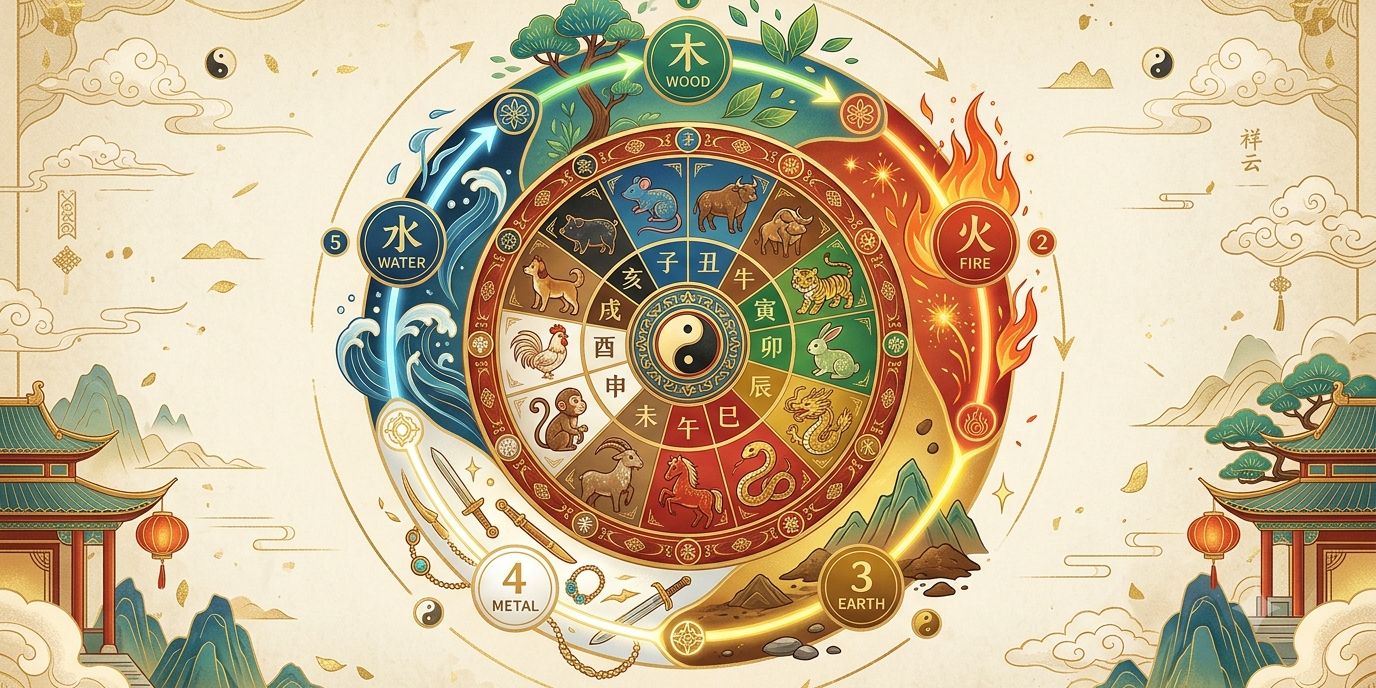 Five Elements and Chinese zodiac compatibility chart with the 12 zodiac animals