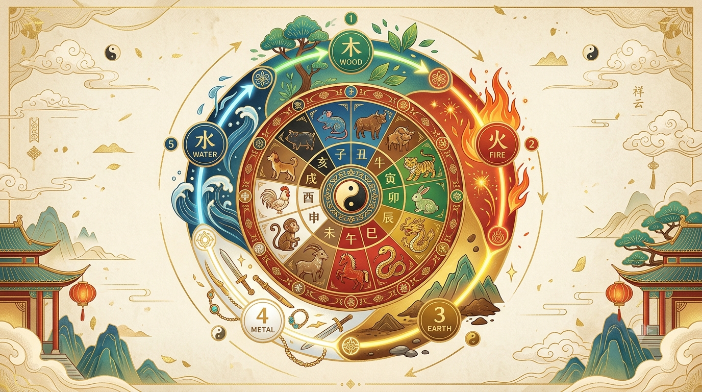 Five Elements and Chinese zodiac compatibility chart with the 12 zodiac animals