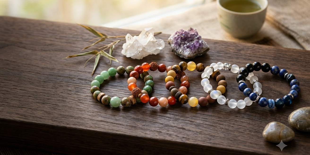 Five Elements Bracelet representing Wood, Fire, Earth, Metal, and Water symbolism