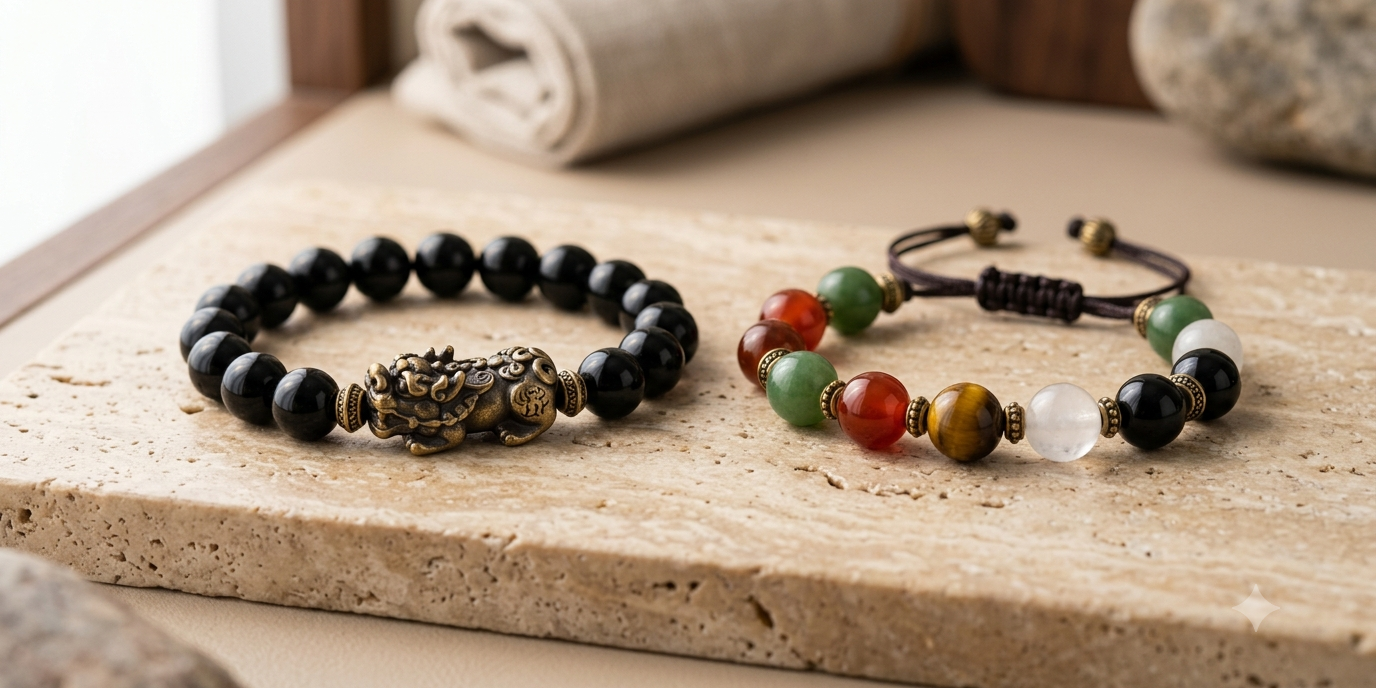 Pixiu bracelet and Five Elements bracelet compared side by side