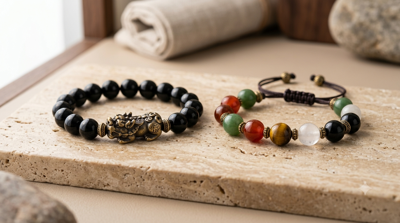 Pixiu bracelet and Five Elements bracelet compared side by side