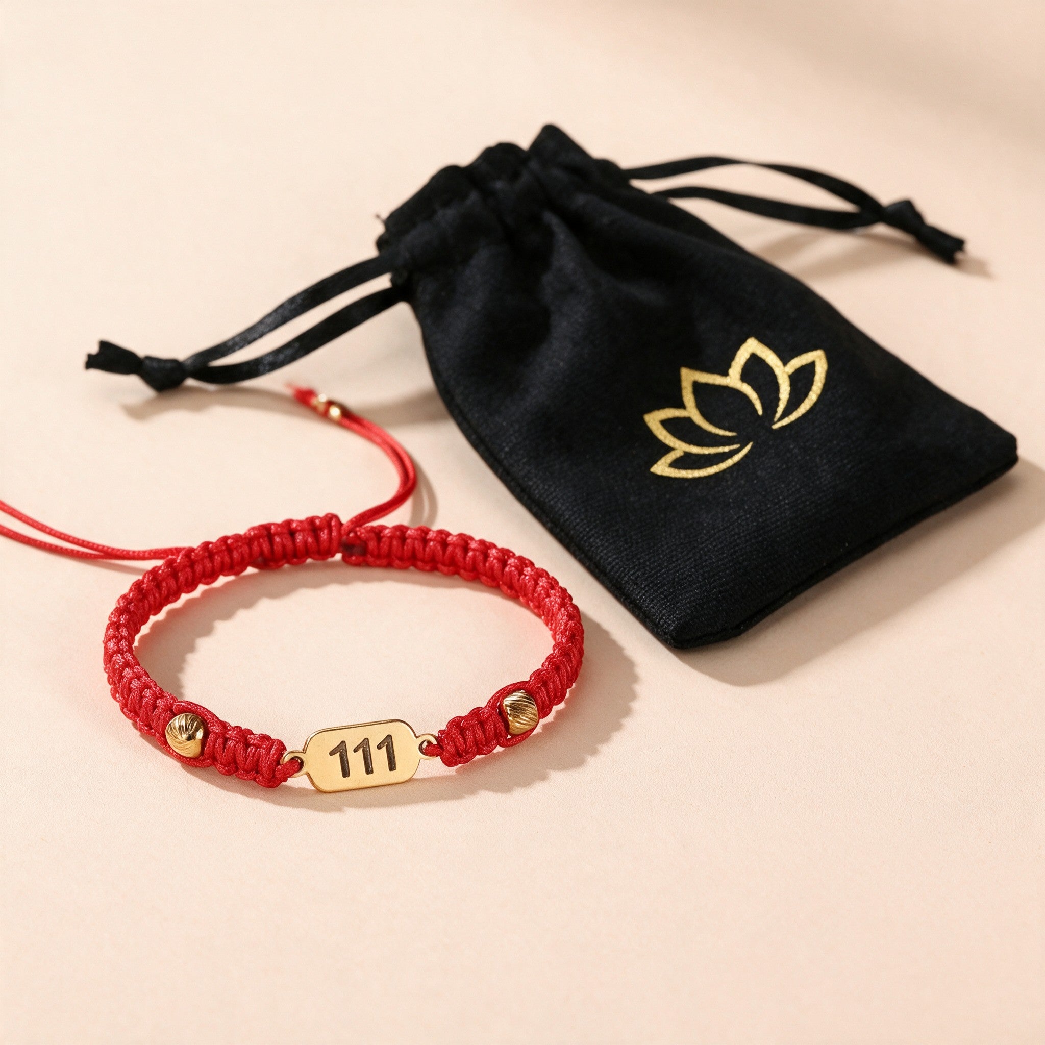 111 Angel Number Bracelet with the black lotus drawstring pouch it arrives in