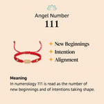 111 angel number meaning: new beginnings, intention and alignment, shown with the red string 111 bracelet