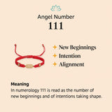 111 angel number meaning: new beginnings, intention and alignment, shown with the red string 111 bracelet