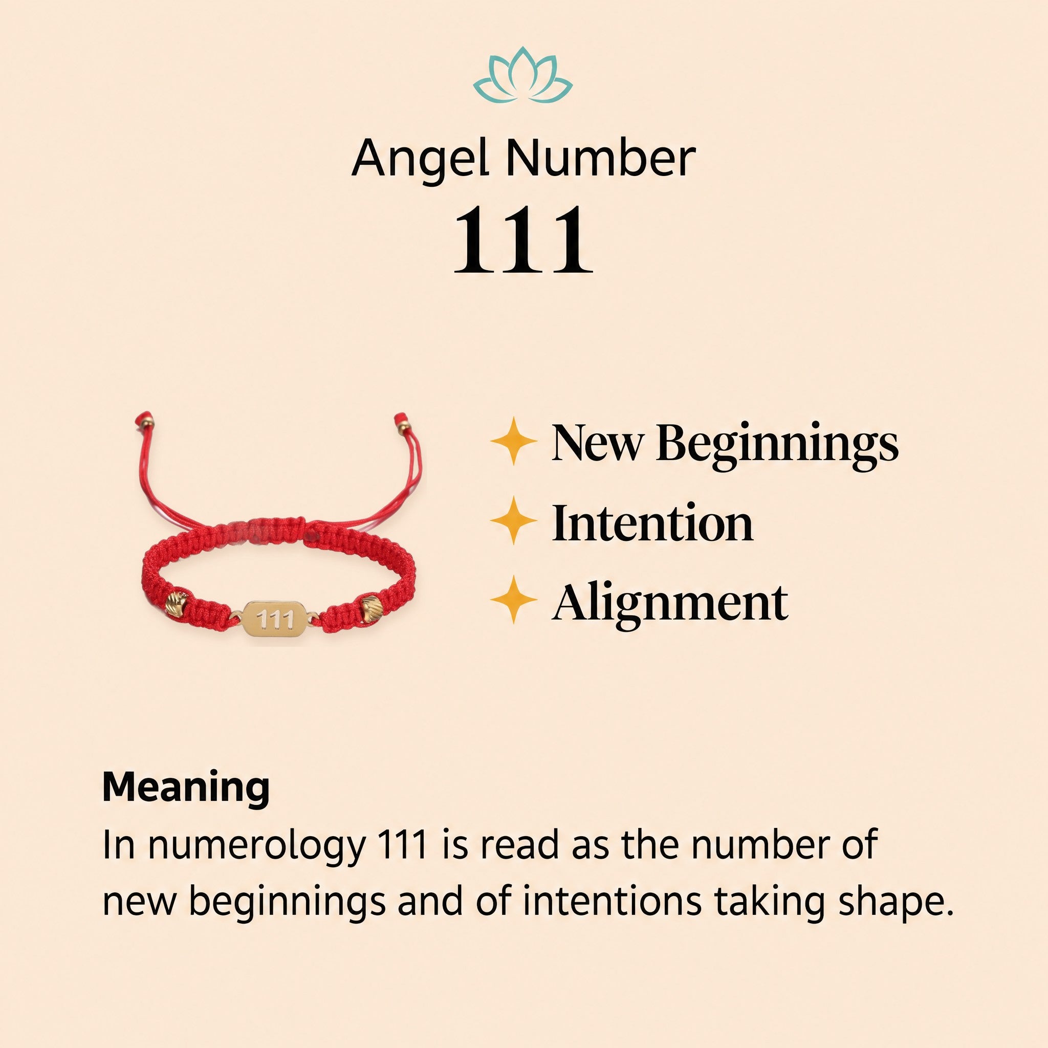 111 angel number meaning: new beginnings, intention and alignment, shown with the red string 111 bracelet