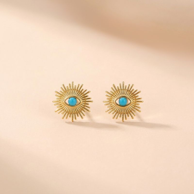 18K Gold-Plated Brass Sunrays Evil Eye Earrings with Turquoise Zircon