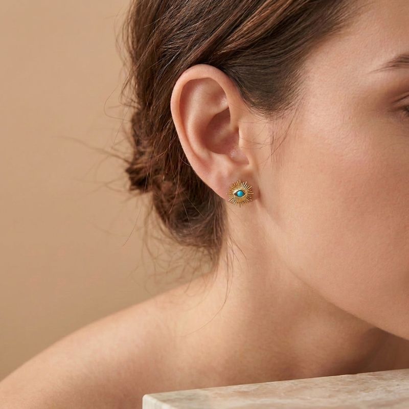 18K Gold-Plated Brass Sunrays Evil Eye Earrings with Turquoise Zircon