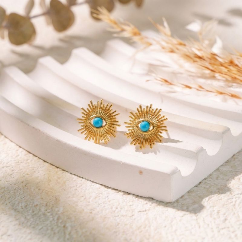 18K Gold-Plated Brass Sunrays Evil Eye Earrings with Turquoise Zircon