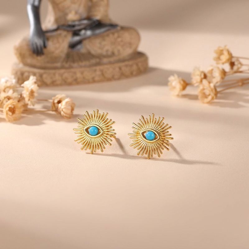 18K Gold-Plated Brass Sunrays Evil Eye Earrings with Turquoise Zircon