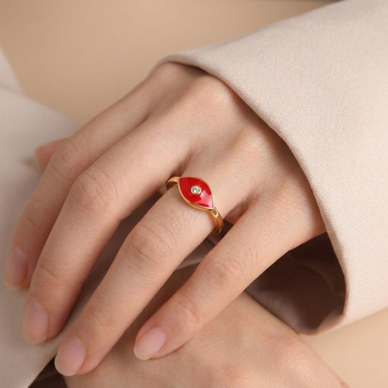 18K Gold-Plated Copper Evil Eye Ring – Black, Red