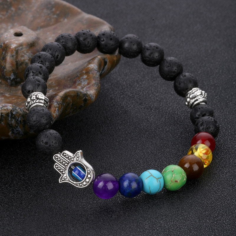 7 Chakra Hamsa Hand Lava Stone Bracelet - Buddha & Karma