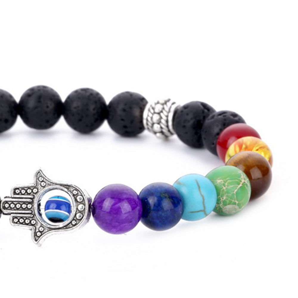 7 Chakra Hamsa Hand Lava Stone Bracelet - Buddha & Karma