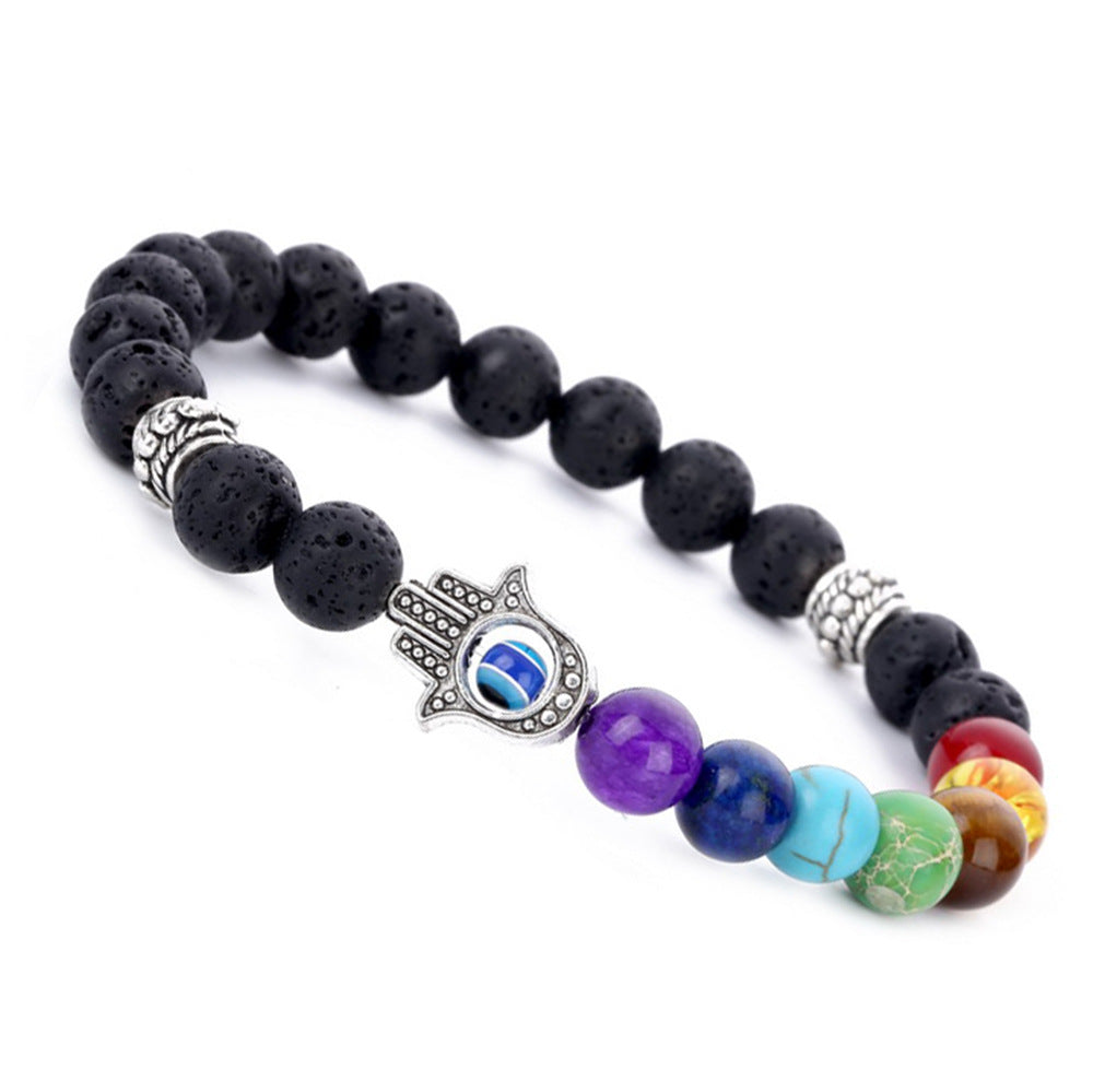 7 Chakra Hamsa Hand Lava Stone Bracelet - Buddha & Karma