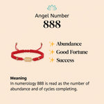888 angel number meaning: abundance, good fortune and success, shown with the red string 888 bracelet