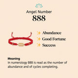 888 angel number meaning: abundance, good fortune and success, shown with the red string 888 bracelet