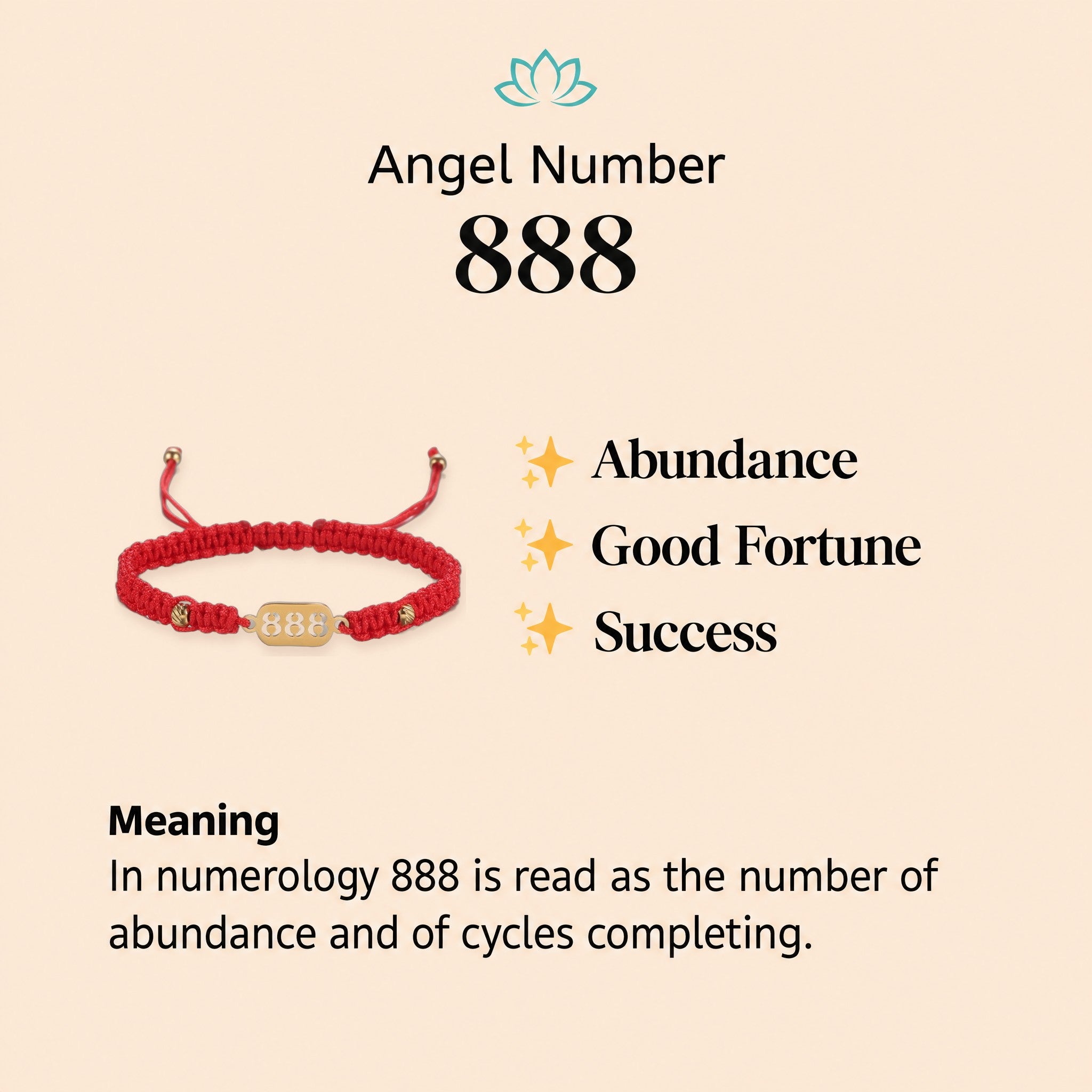 888 angel number meaning: abundance, good fortune and success, shown with the red string 888 bracelet