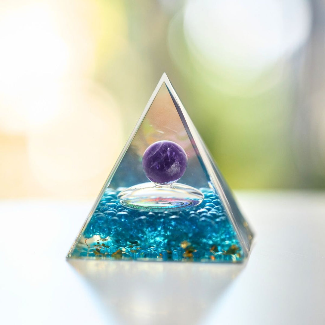 Amethyst Orgonite Pyramid - Orgone Energy Generator - Buddha & Karma