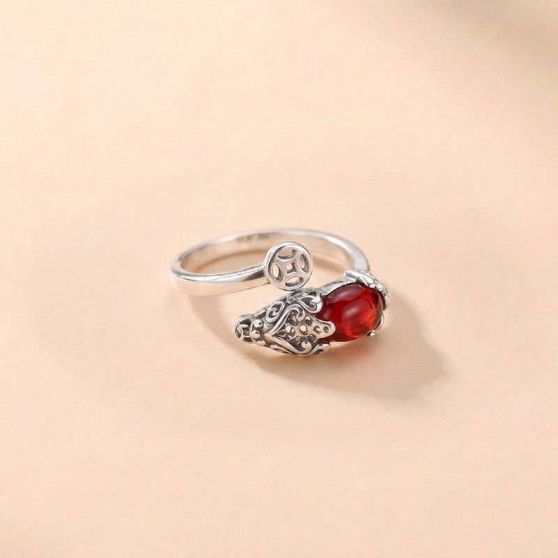Copper Pixiu Wealth Ring with Chinese Coin Lucky Charm