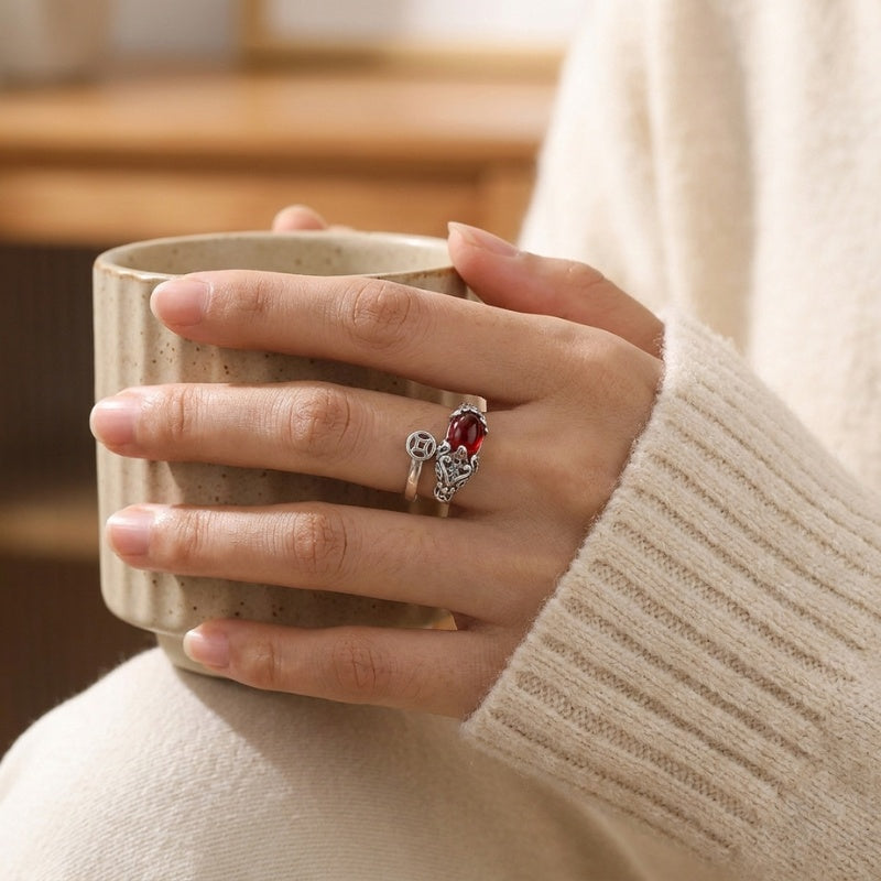 Copper Pixiu Wealth Ring with Chinese Coin Lucky Charm