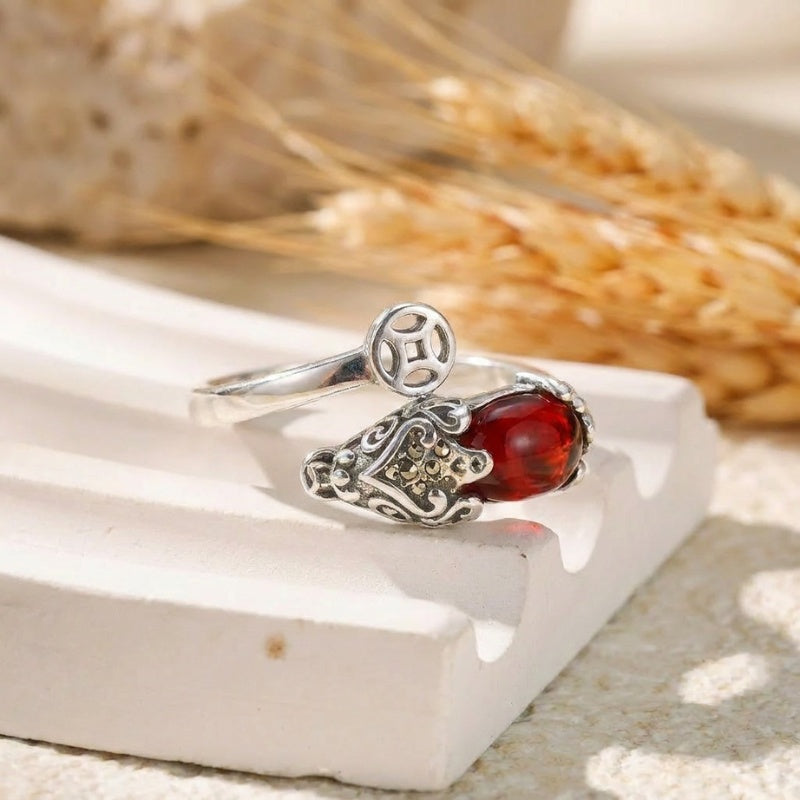 Copper Pixiu Wealth Ring with Chinese Coin Lucky Charm