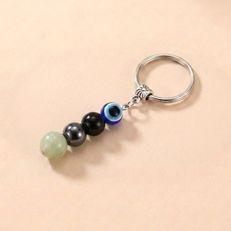 Buddha & Karma Evil Eye Crystal Keychain - Black Tourmaline, Hematite, Labradorite