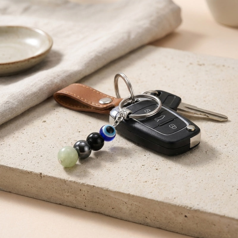Buddha & Karma Evil Eye Crystal Keychain - Black Tourmaline, Hematite, Labradorite