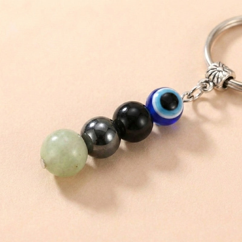 Buddha & Karma Evil Eye Crystal Keychain - Black Tourmaline, Hematite, Labradorite
