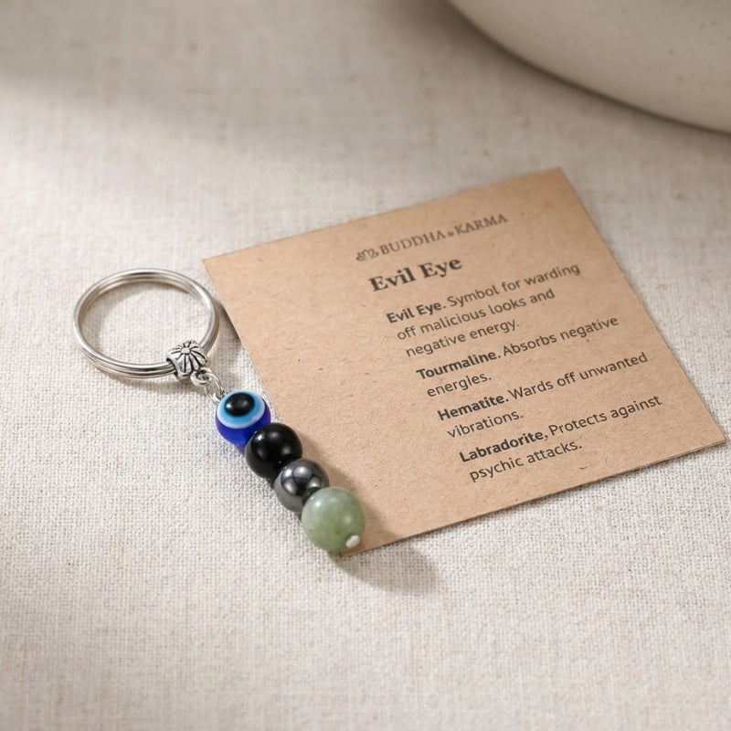 Buddha & Karma Evil Eye Crystal Keychain - Black Tourmaline, Hematite, Labradorite