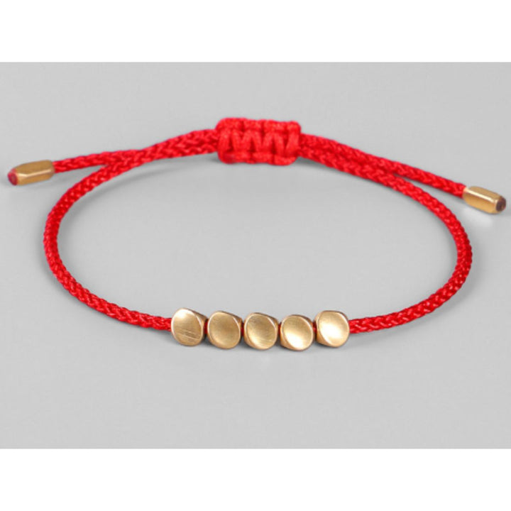 Five Lucky Beads Copper Bracelet - Blue, Gray, Red String - Buddha & Karma