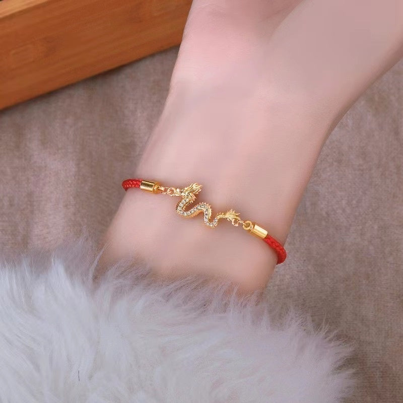 Gold-Colored Copper Red String Dragon Luck Bracelet