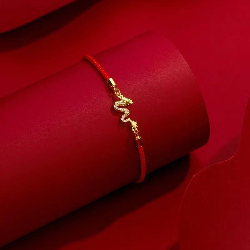 Gold-Colored Copper Red String Dragon Luck Bracelet
