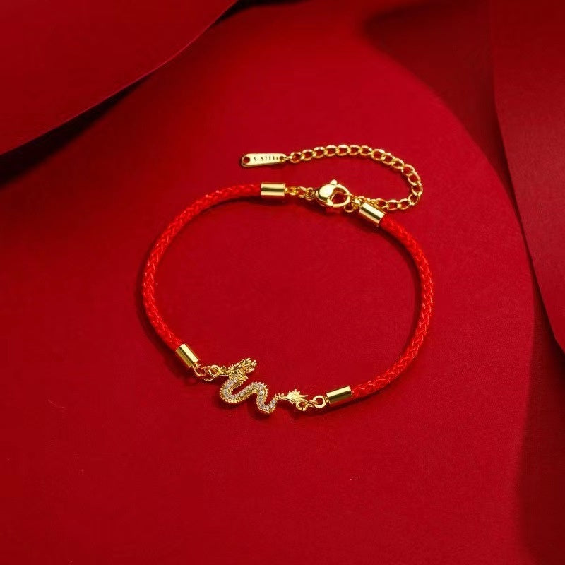 Gold-Colored Copper Red String Dragon Luck Bracelet