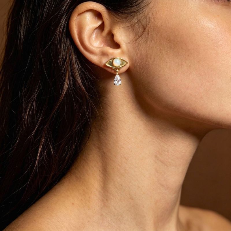 Gold-Plated Copper Evil Eye Earrings with Water Drop Tears