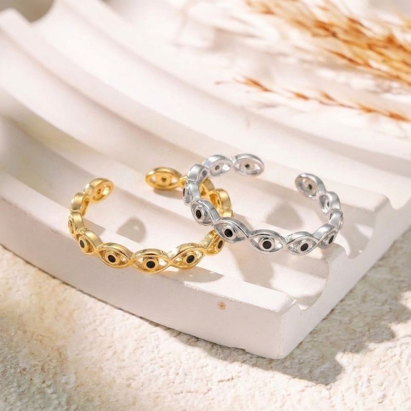 Gold-Plated Copper Evil Eye Ring with Black Eyes Zircon
