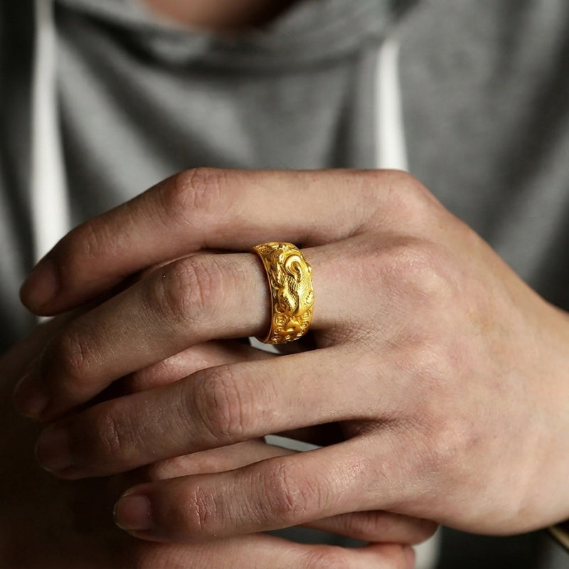 Buddha & Karma Golden Copper Feng Shui Pixiu Mantra Ring