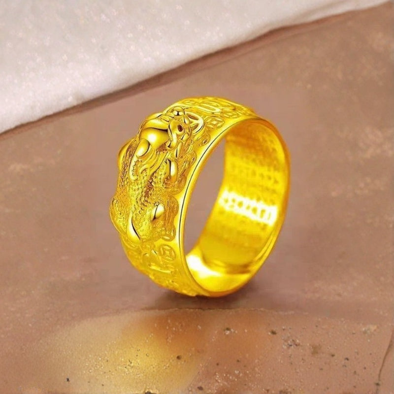 Buddha & Karma Golden Copper Feng Shui Pixiu Mantra Ring