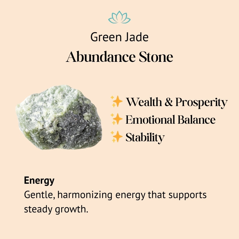 Green jade abundance stone with benefits on a beige background